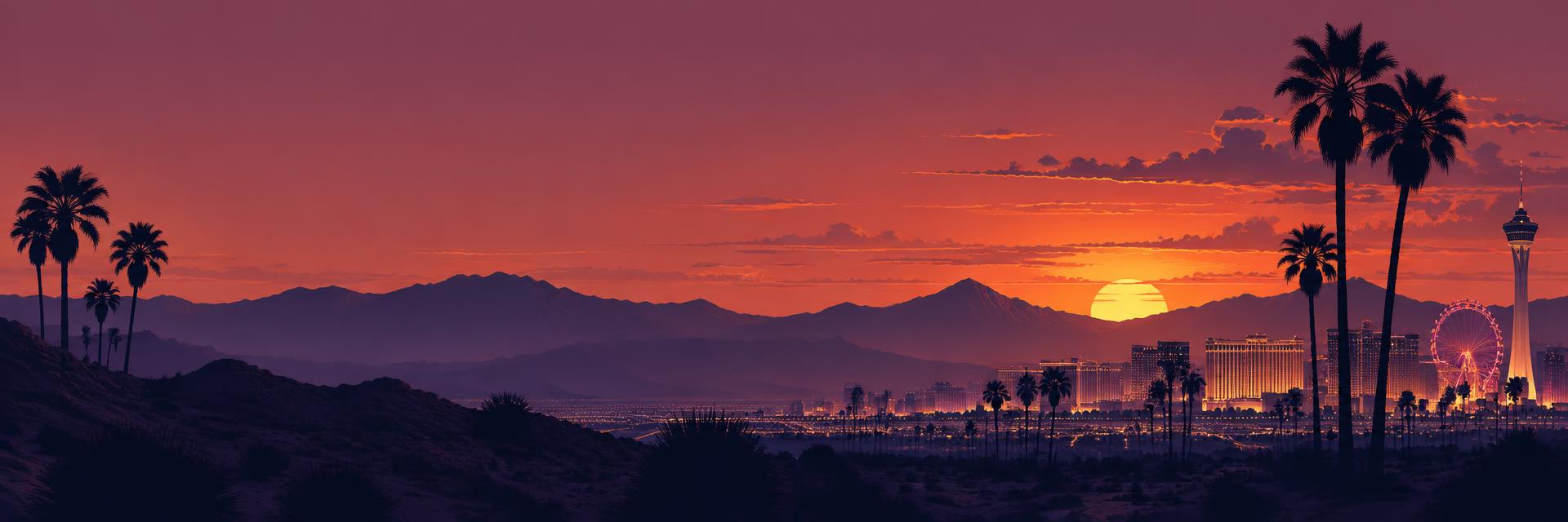 Las Vegas sunset over mountains and palm trees